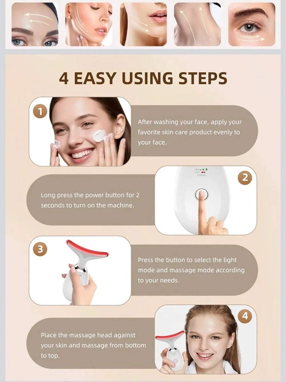 LED Facial Massager Device in White with Red Light NWT